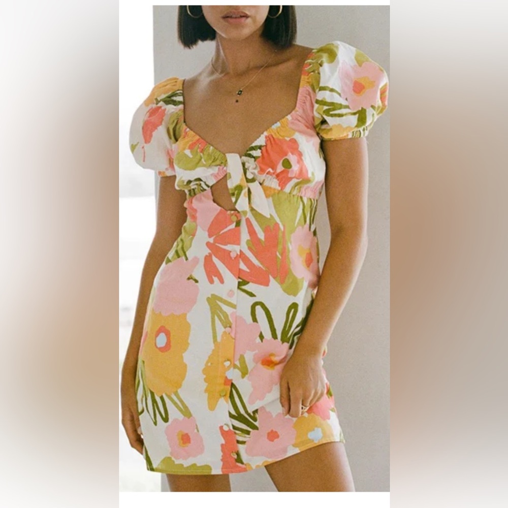 Sabo Skirt Floral Summer Mini Dress with Puff Sleeves - Small